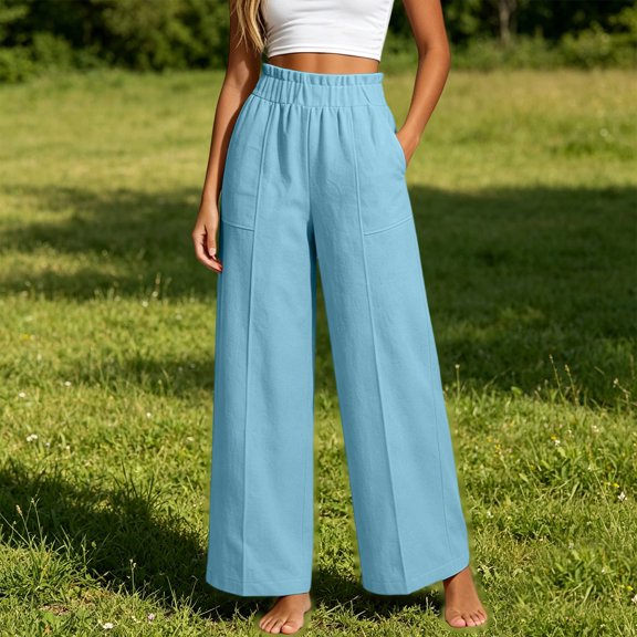 Wovilon Women's High Waist Wide Leg Pants with Elastic Waistband and Side Seam Pockets, Relaxed Loose Fit Cotton Linen Blend Summer Casual Trousers for Beach Vacation