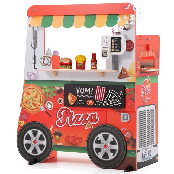 COCLUB Pizza Food Truck for Kids, Wooden Kitchen Play Set with Light Sound Oven and Menu, Fuel Tank, Ice Cream Truck Toy Ages 3