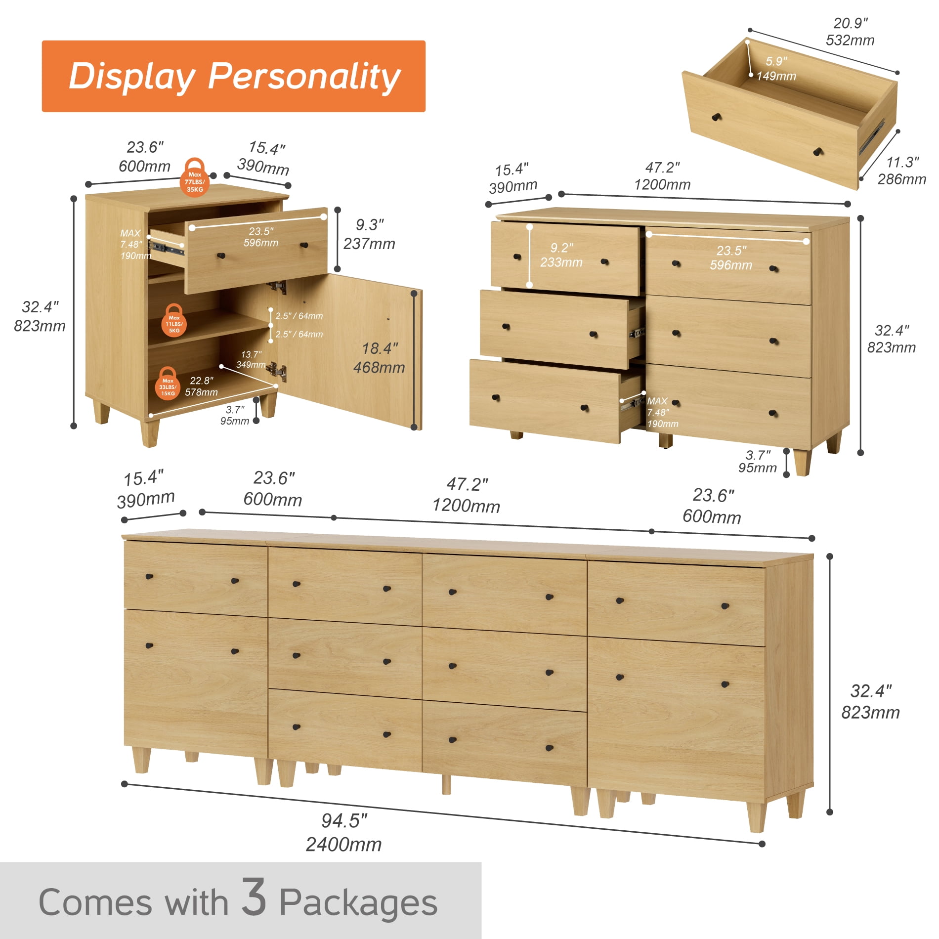 WAMPAT TV Stand for 100+ Inches TVs, 3-in-1 Modern Wooden Media Console with 8 Spacious Drawers and 2 Storage Cabinets for Living Room, Oak