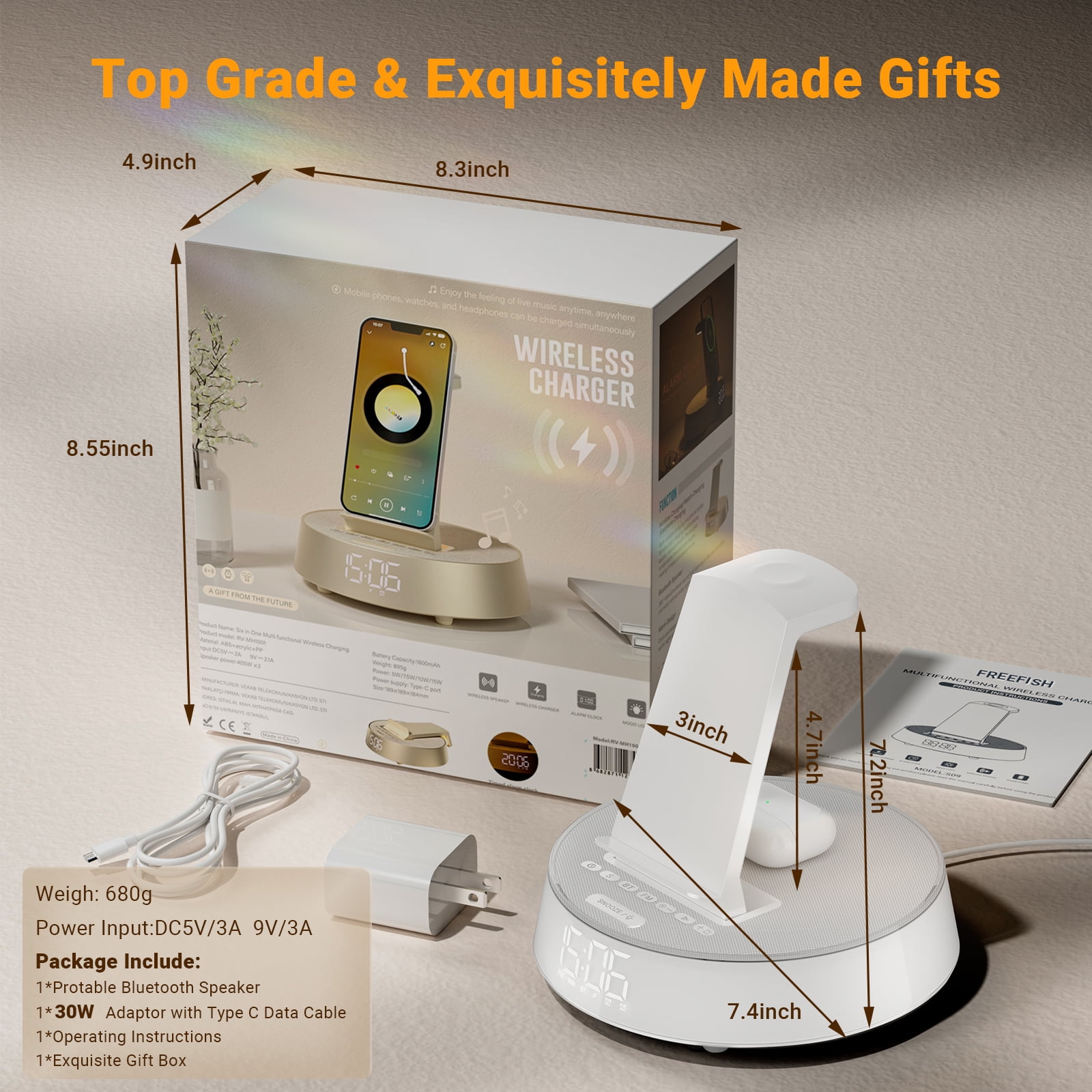 7-in-1 Wireless Charging Station For iPhone, Apple Watch, AirPods & Bluetooth Speaker Alarm Clock Dimmable Night Light White