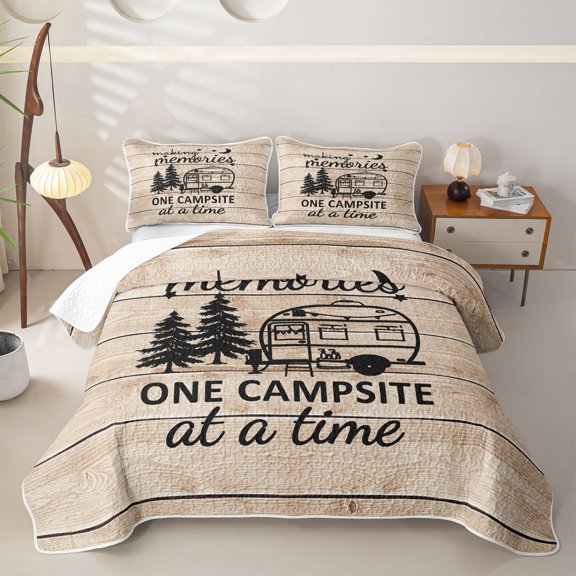 Erosebridal Happy Camping Camper Twin Quilt Set, Camp More Worry Less Print Twin Coverlet Set, Brown, 2 Pieces 1 Bedspread and 1 Pillowcase