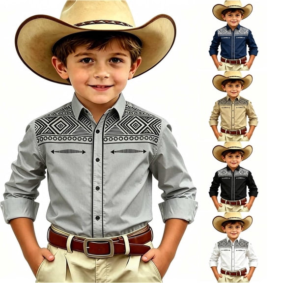 SGMVNU Boys' Western Cowboys Shirts Long Sleeve Button Down Dress Shirt Kids Retro Tops Halloween Top, Size 12-13 Years, Grey