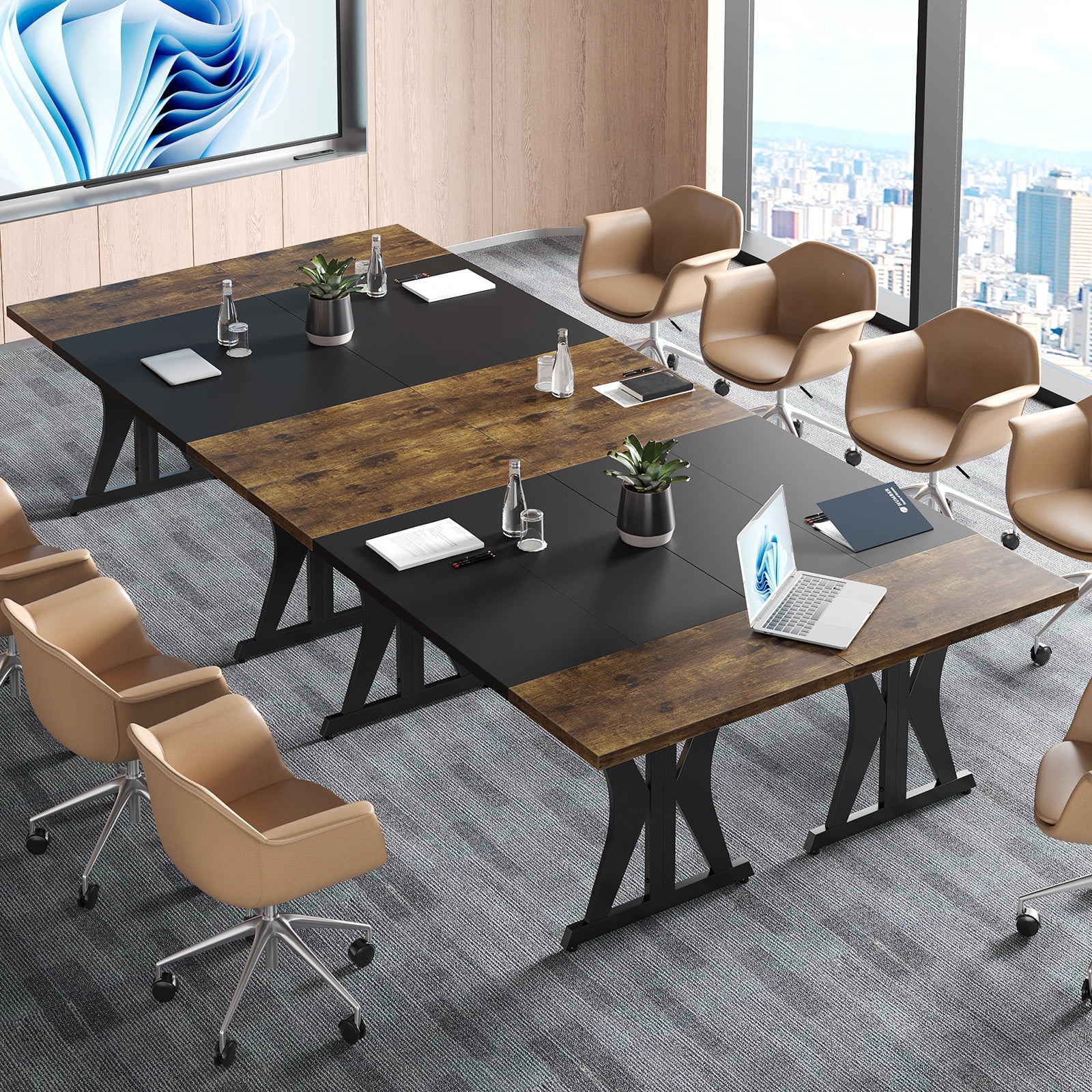 Bestier 70 Inch Large Computer Desk, Modern Two-Tone Executive Office Desk with Sturdy K-Shaped Metal Frame, Industrial Home Office Writing Desk for Gaming, Studying, and Working, Rustic Brown