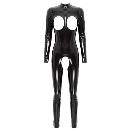 Eandarui Womens Faux Leather Hollow Out Stripper Jumpsuit Zipper Back Bodysuit Skinny Lingerie Black 3XL