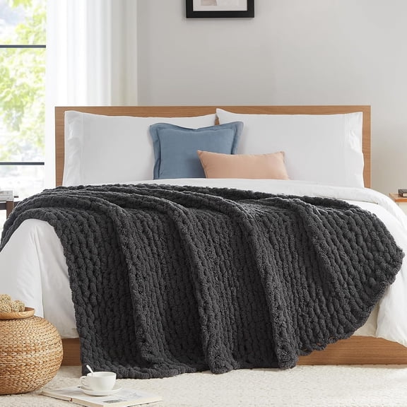 AUQ Chunky Knit Blanket Throw-Soft Chunky Throw Blanket 50X60: 100% Hand Kintted Chenile Crochet Throw Blankets for Couch-Large Cable Knit Blankets for Home Decor(Dark Grey)