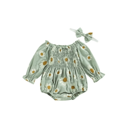 

Bagilaanoe Newborn Baby Girl Rompers Daisy Print Long Sleeve Bodysuit + Headband 6M 12M 18M 24M Infant One Piece Jumpsuit