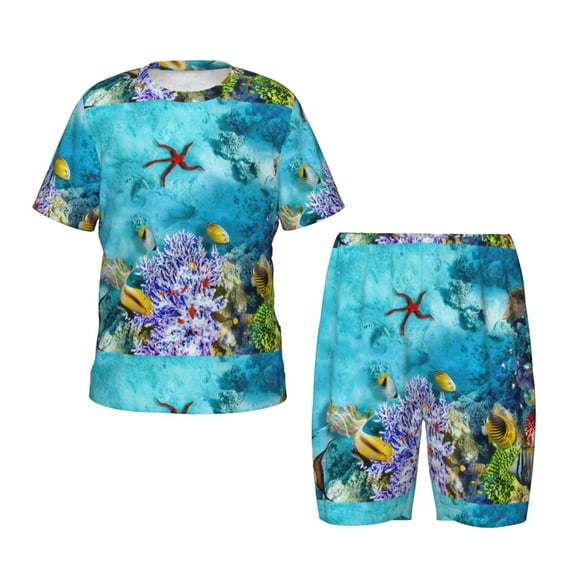 Balery Corals and Tropical Fish Conjunto de Pijama Infantil de Manga Corta con Estampado – Ropa de Dormir de Algodón Suave-Small