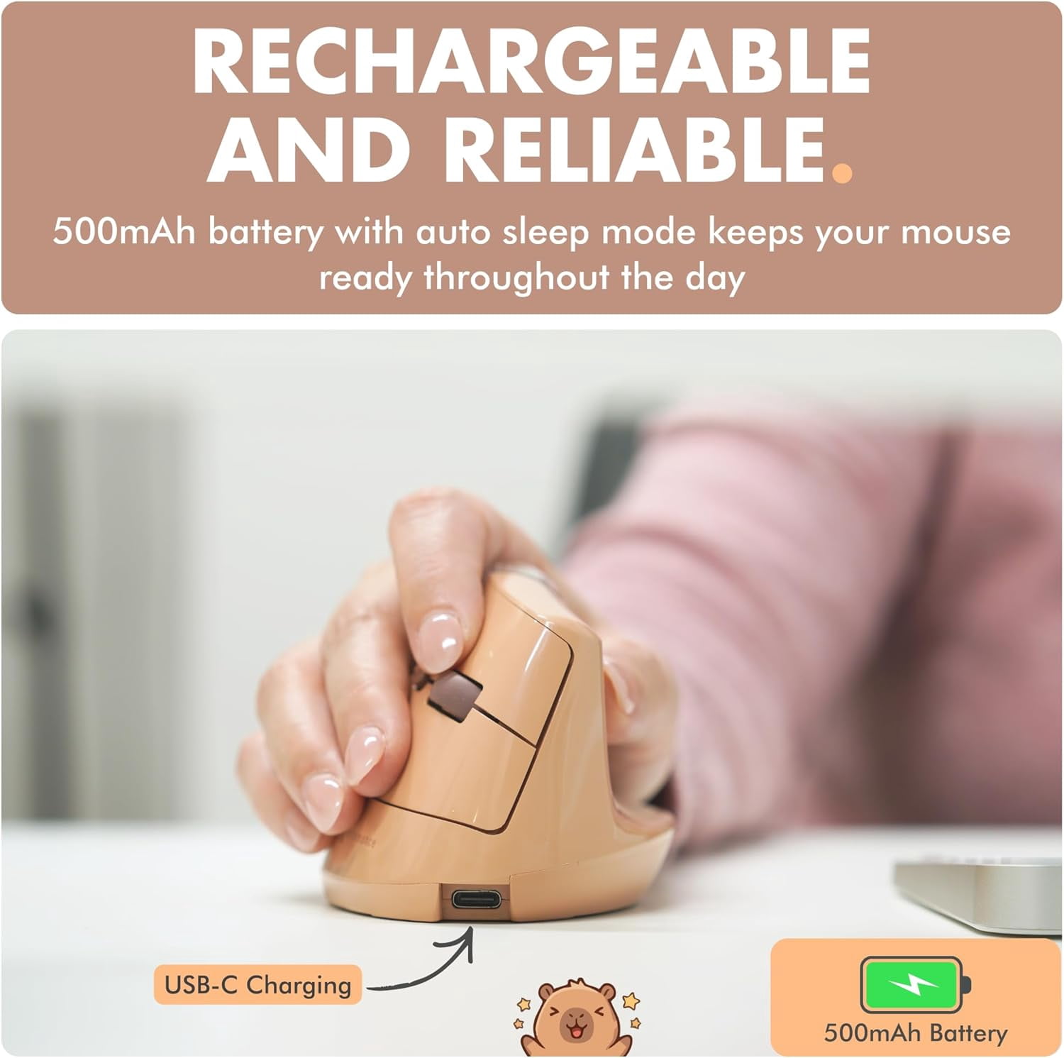 X9 Performance Wireless Vertical Ergonomic Mouse - Click with Capybara - (BT + 2.4G) Up to 4000 DPI, 6 Button, Rechargeable - Bluetooth Ergonomic Vertical Mouse Wireless - For Mac and PC - Brown