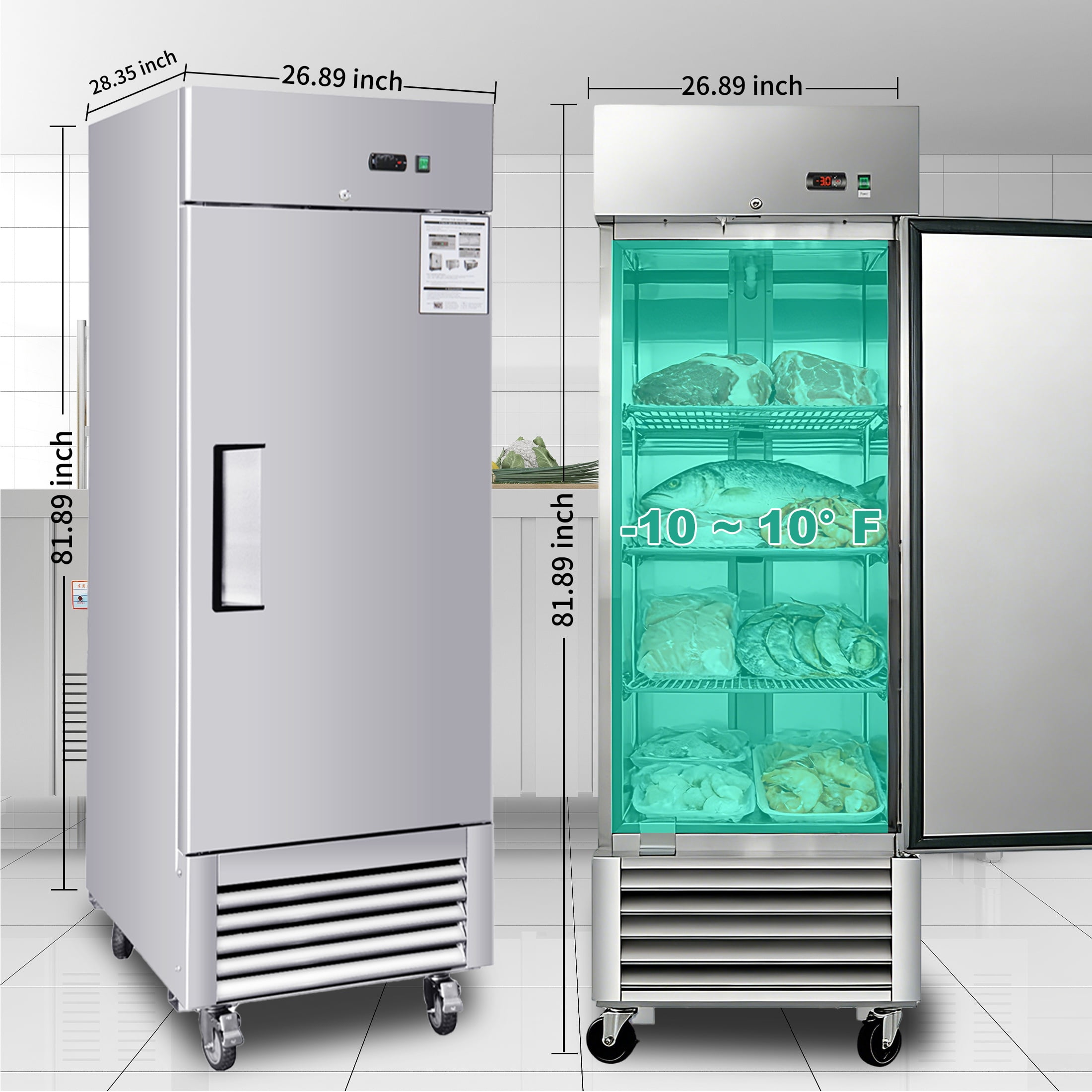 CTOSPOATO 27"W Commercial Freezer Single Solid Door Stainless Steel Interior and Exterior Construction Reach-in Freezer 18.68 Cu.ft. Upright Fan Cooling Freezer for Restaurant,Bar,Shop,Kitchen