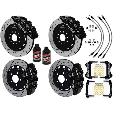 WILWOOD FRONT & REAR BIG BRAKE KIT WITH FREE BRAKE LINES & BRAKE FLUID, AERO6 15 FRONT & 14 AERO4 REAR, BLACK CALIPERS, DRILLED ROTORS, For 2015-2019 FORD MUSTANG