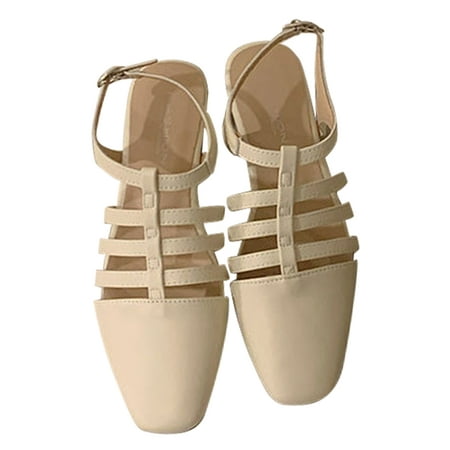 

Lumento Women Flat Sandal Square Closed Toe Shoe Summer Roman Sandals Hollow Out Casual Shoes Wedding Vintage Retro Beige 6.5