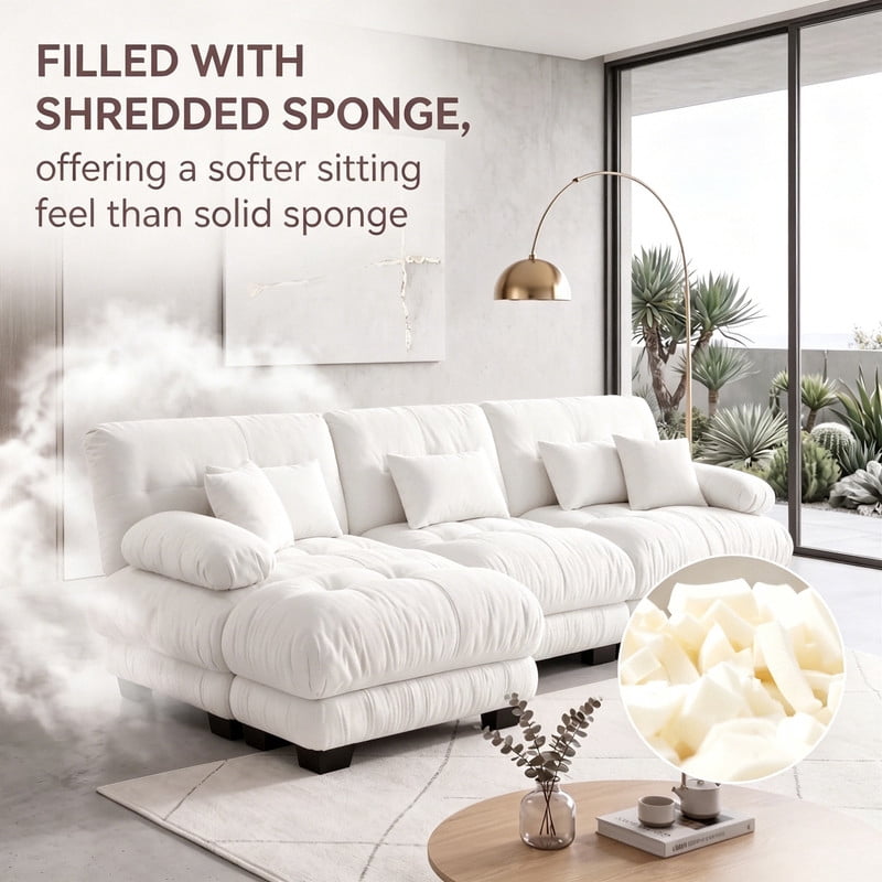 ANPPORT Cloud Couch Sleeper Sofa, Chenille White 3-Seater Modular Sofa with 1 Ottomans, 3 Lumbar pillows, 2 Pillows, Comfy Deep Seat Cloud Sofa, Convertible L-Shaped Floor Couch for Living Room