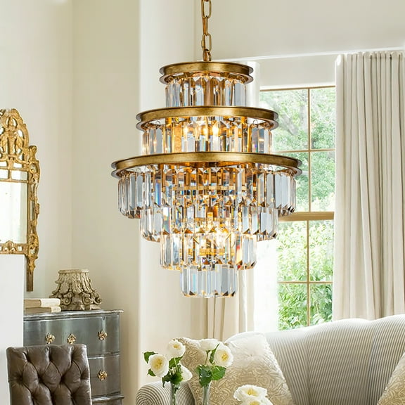 4-Light W16 in Modern Glam Round Tier Fringe Crystal Chandelier in Matte Gold Luxury Hanging Light for Living Room