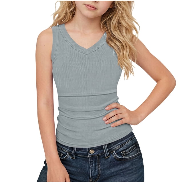 KyCheLot Ribbed Tank Tops for Girls V Neck Summer Solid Color Sleeveless Camisole Beach Vacation Fitted Tank Tops