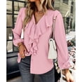 thumbnail image 3 of Blusa de manga larga con cuello en V, diseño de empalme de encaje con volantes, ajuste holgado, Color puro, Top informal para mujer para todas las estaciones, 3 of 8