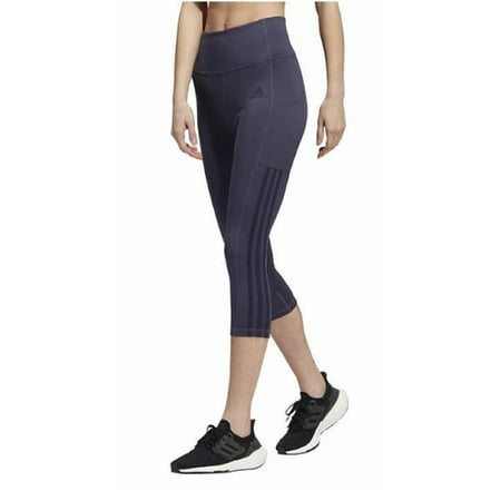 adidas Ladies' 3-Stripe High Rise Waistband 3/4 Capri Legging Tight Pants (Shadow Navy/Legink, Large)