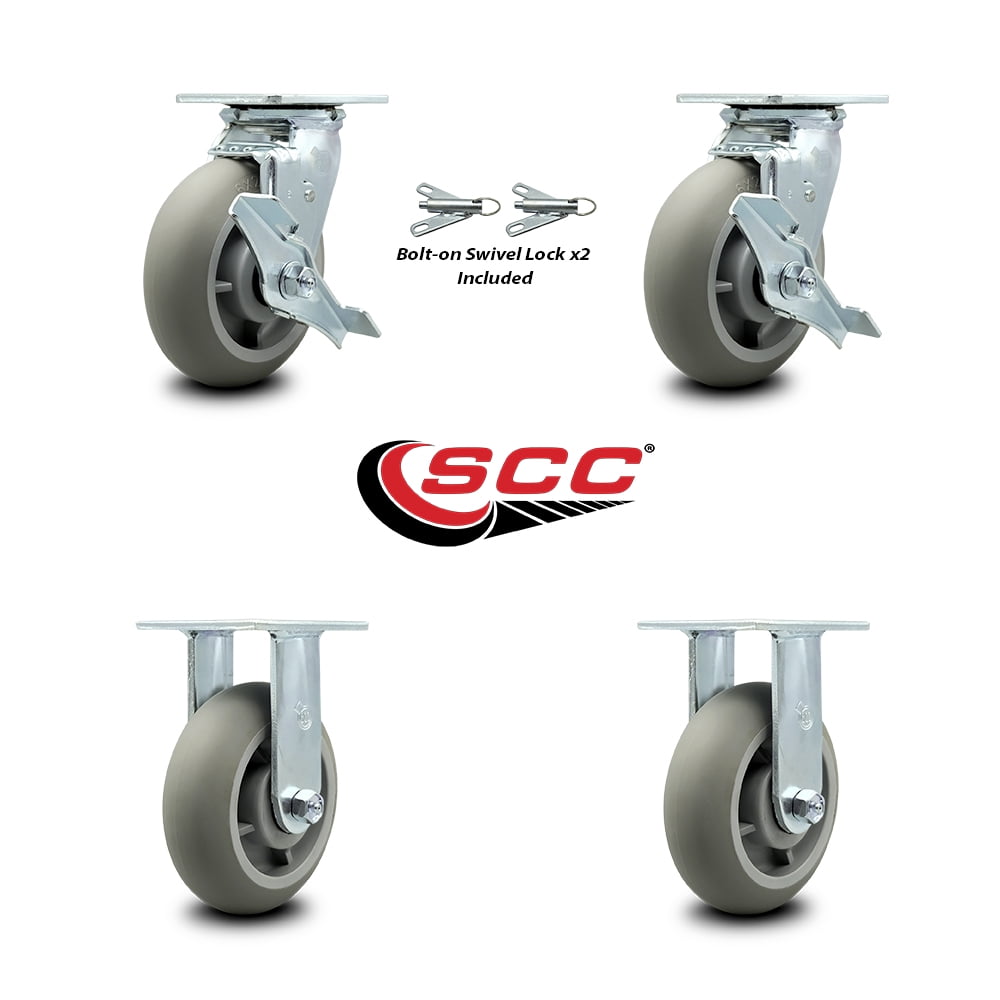 6 Inch Thermoplastic Rubber Caster Set with 2 Brakes/Swivel Lock 2 Rigid SCC