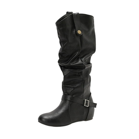 Black Inner Height Increase Boots For Women With Belt Buckle And Round Toe Mid Calf Design For A Fashionable Winter Look