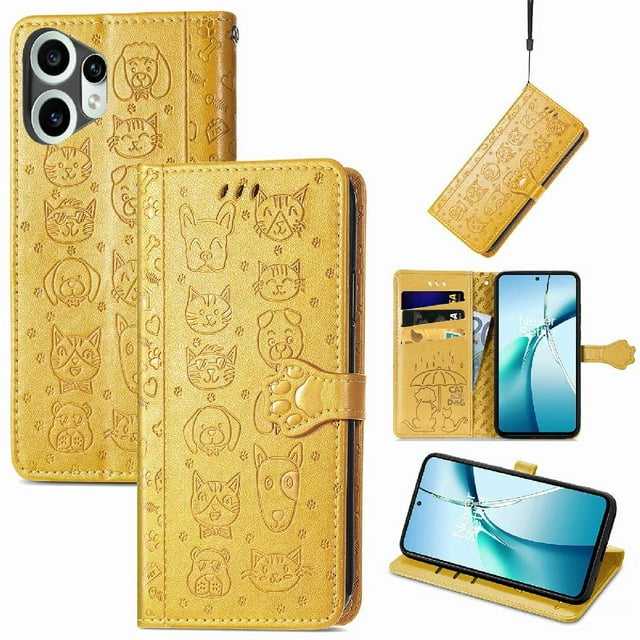 Étui à Rabat pour FOXDOCK Nothing CMF Phone 2 Pro, Étui à Rabat en Cuir PU Gaufré Chat et Chien avec Fentes pour Cartes, Support