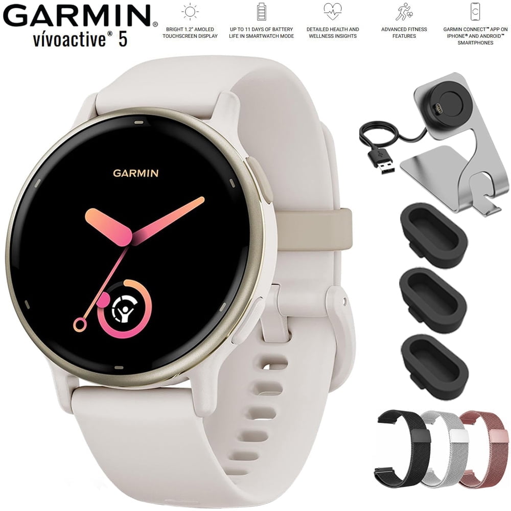 Garmin Vivoactive 5 Fitness Smartwatch Ivory 010-02862-11 Bundle with Deco Essentials 20mm Milanese Band 3 Pack, Charging Dock and Silicone Dust Cover 3 Pack