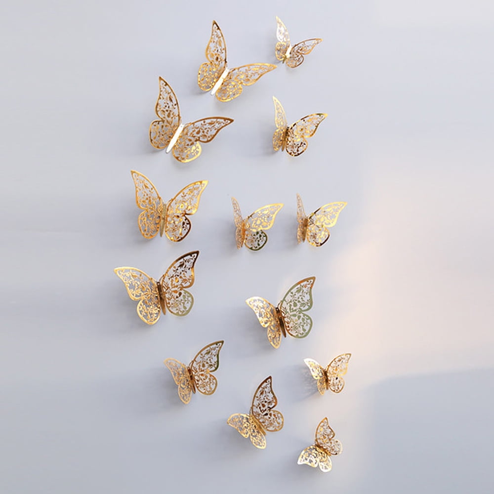 Gold QWDLID 96 Pieces 3D Butterfly Wall Decor Paper Gold Butterflies Wall Stickers Hollow Metallic Butterfly Decals Mural Decoration for Bedroom Wall Decor Wedding Party