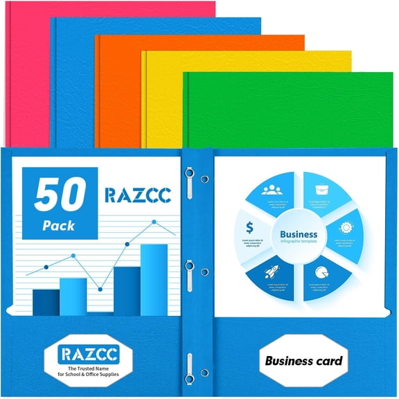 Two Pocket Folders, 50 Pack Two Pocket Folders with Prongs, 3 Prong Folders Fit Letter Size Paper, Pocket Paper File Folders for School Office Home Business, Assorted 5 Colors