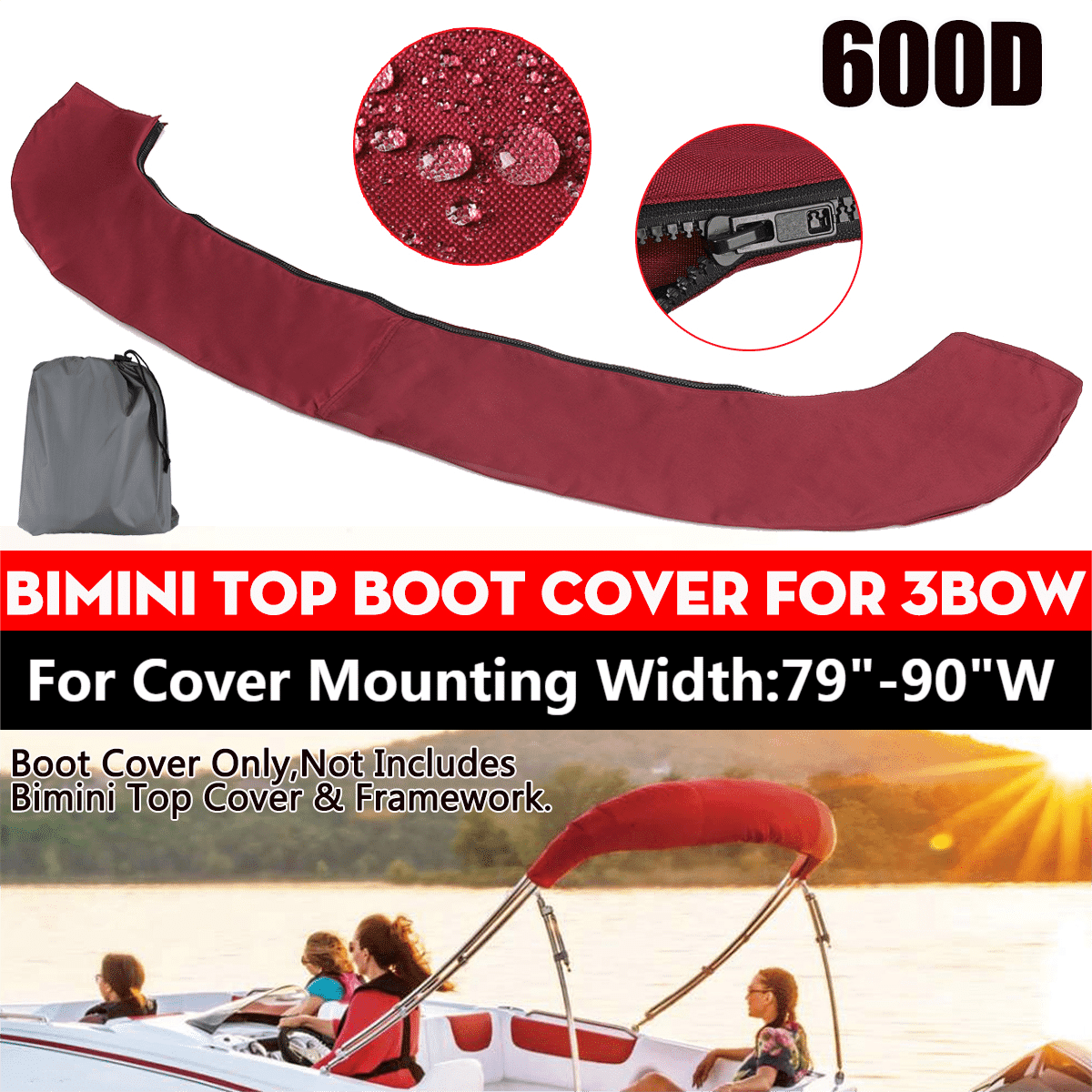600D Bimini Boat Top Boot Cover Suitable for 3 Bows, Boat Bimini Top