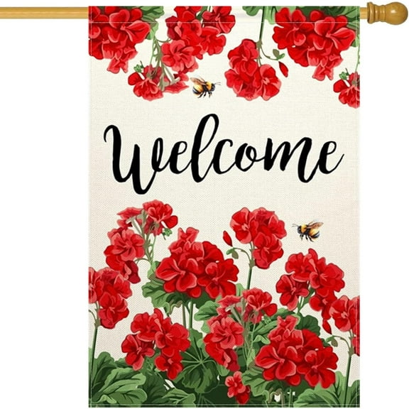 Geranium Bee Welcome Garden Flag Spring Summer Floral Garden Flag 28x40 inch Double Sided Small Burlap Yard Flag Botanical Vertical Seasonal Farmhouse Wedding Yard Outside Decorations