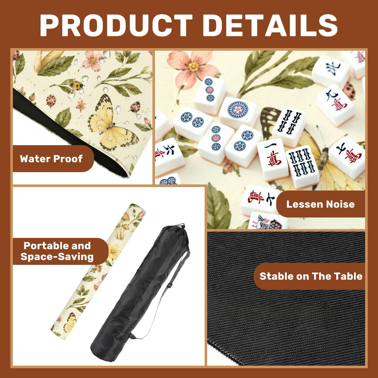 Mahjong Mat 31.5" x 31.5" Vintage Wildflower Mushroom Seamless Butterflies Bees Soft Pastel Non-Slip Noise Reduction American Mahjong Tiles Table Cover for Dominoes Poker Card Board Games Gift
