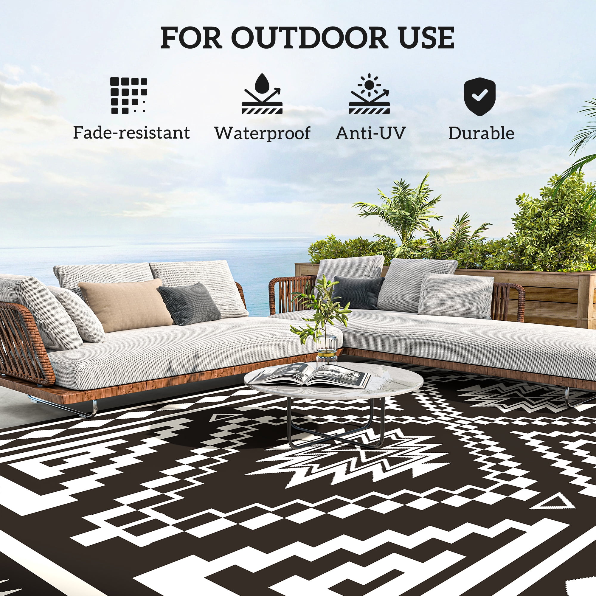 Outsunny Outdoor Patio Rug, Large Camping Carpet with Carrying Bag, 9' x 18' Waterproof Plastic Straw, Reversible, Black & White Square Patchwork