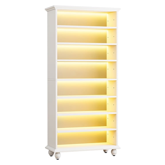 Hommoo 8-Tier Wooden Shoe Cabinet Rack with LED Lighting & Solid Wood Legs, 30 Pairs,White