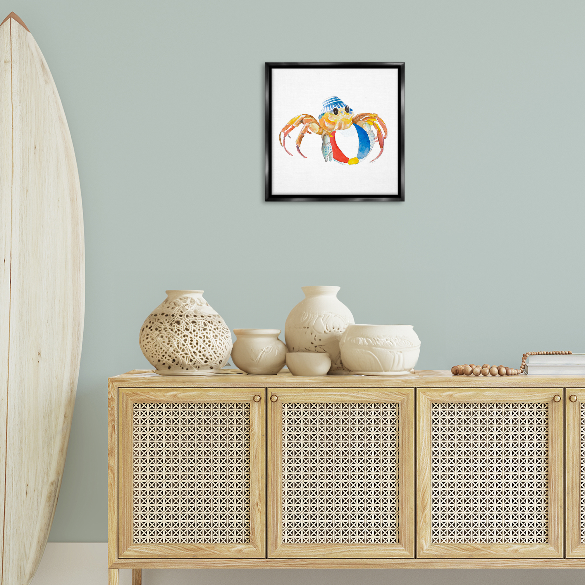 Stupell Industries Beach Ball Crab Novelty Painting Black Floater Framed Canvas Art Print Wall Art, 18 x 18