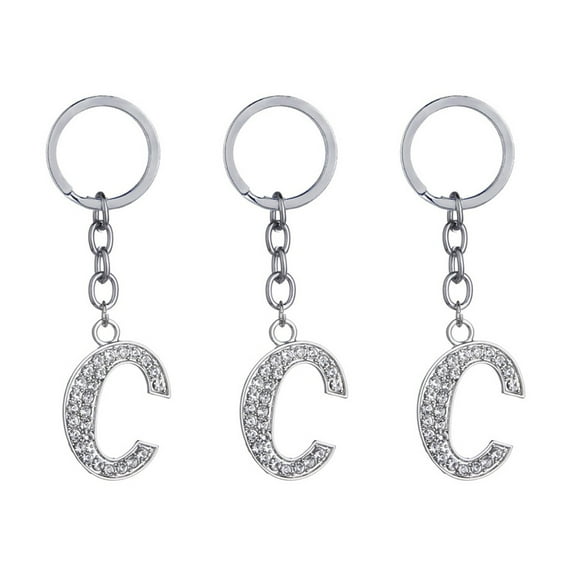 3pcs Simple Stylish Letter Key Chain Metal Rhinestones Key Ring Alphabet Keychain Bag Pendant Charm Birthday Gift (Letter C)