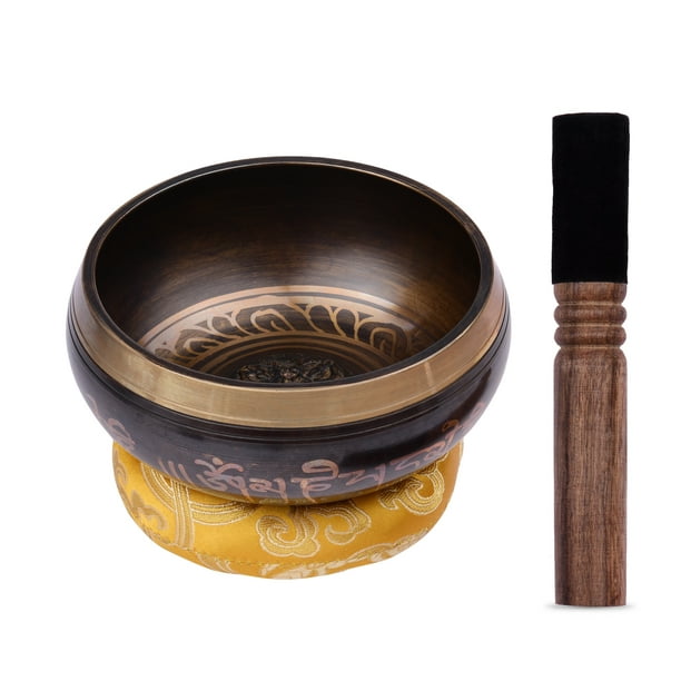 Bol chantant tibétain avec bol sonore en métal fait à la main de 12,5 cm et  coussin doux et bois pour méditation, guérison, yoga, relaxation 