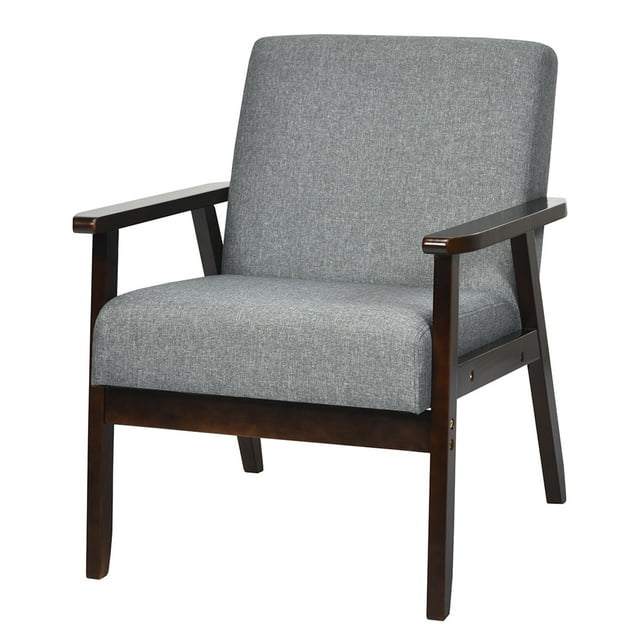 Gymax Wooden Upholstered Accent Chair Fabric Armchair Home Office Dark Gray