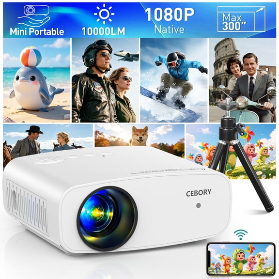CEBORY Mini Projector with 5G WiFi and Bluetooth, 4K Support 1080P Movie Projector (Projector Screen and Tripod Included), Portable Video Projector with HDMI/ USB/ Smartphone for Home Theater/Outdoor