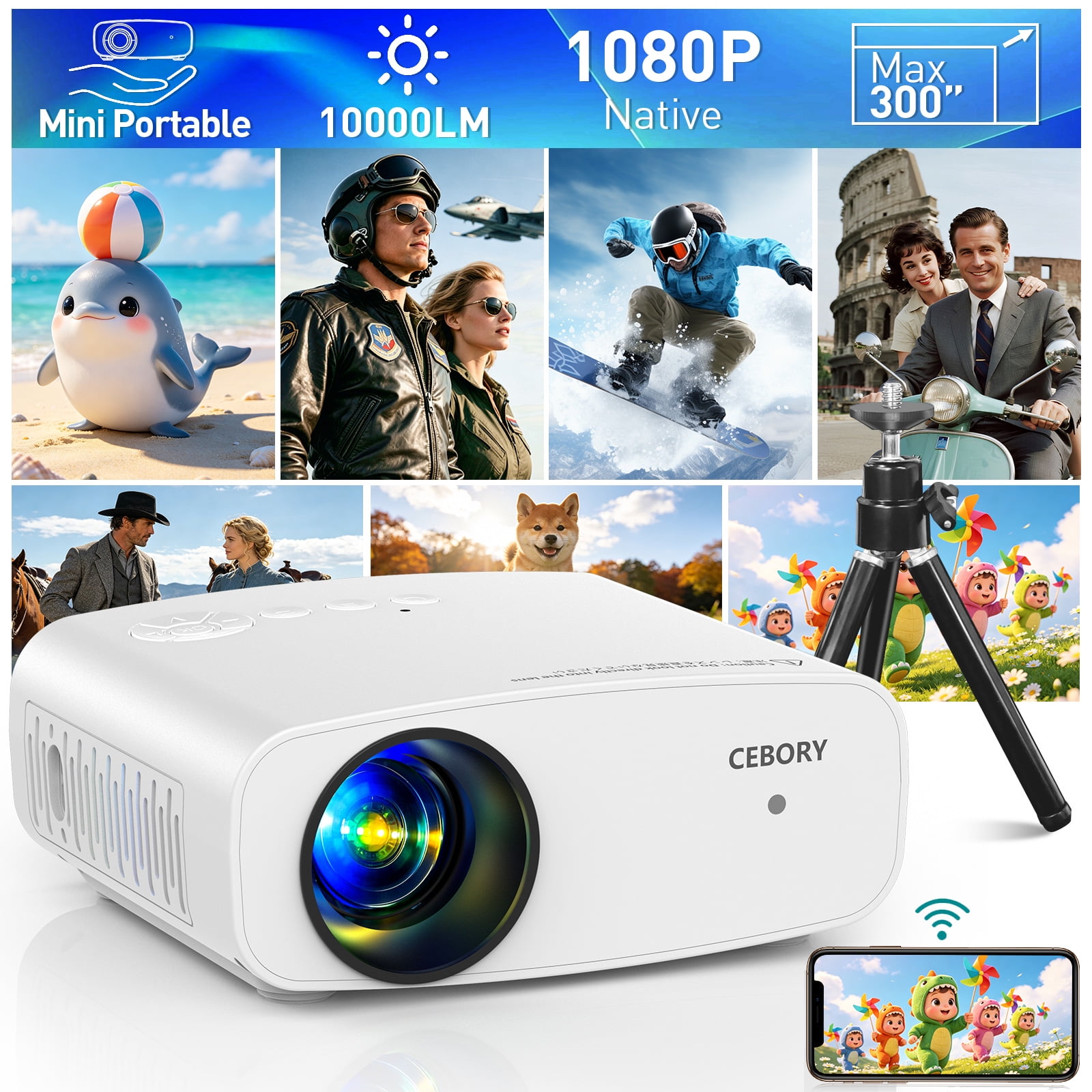 CEBORY Mini Projector with 5G WiFi and Bluetooth, 4K Support 1080P Movie Projector (Projector Screen and Tripod Included), Portable Video Projector with HDMI/ USB/ Smartphone for Home Theater/Outdoor