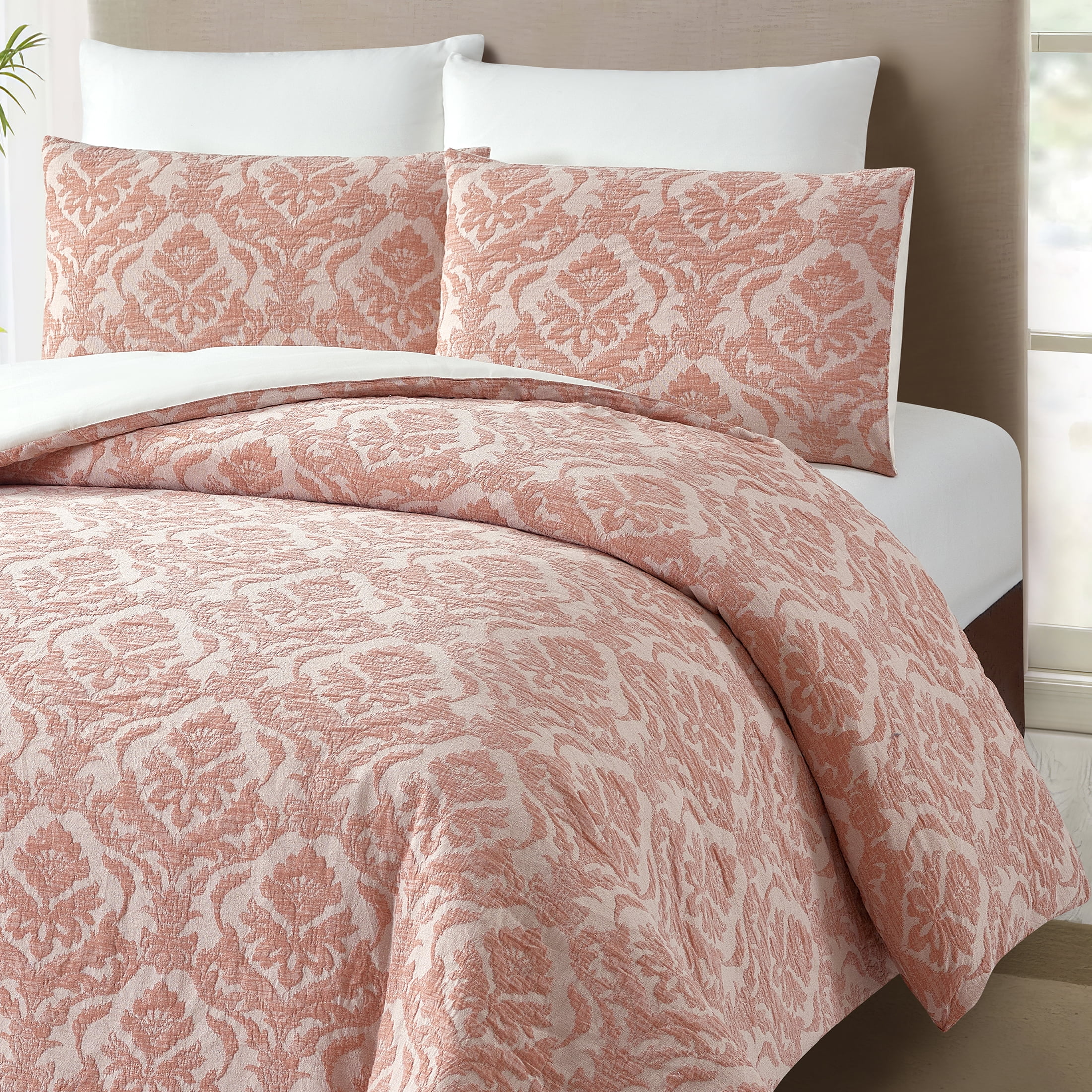 Better Homes & Gardens Woven Damask 3-Piece Comforter Set, Blush, King, All Ages