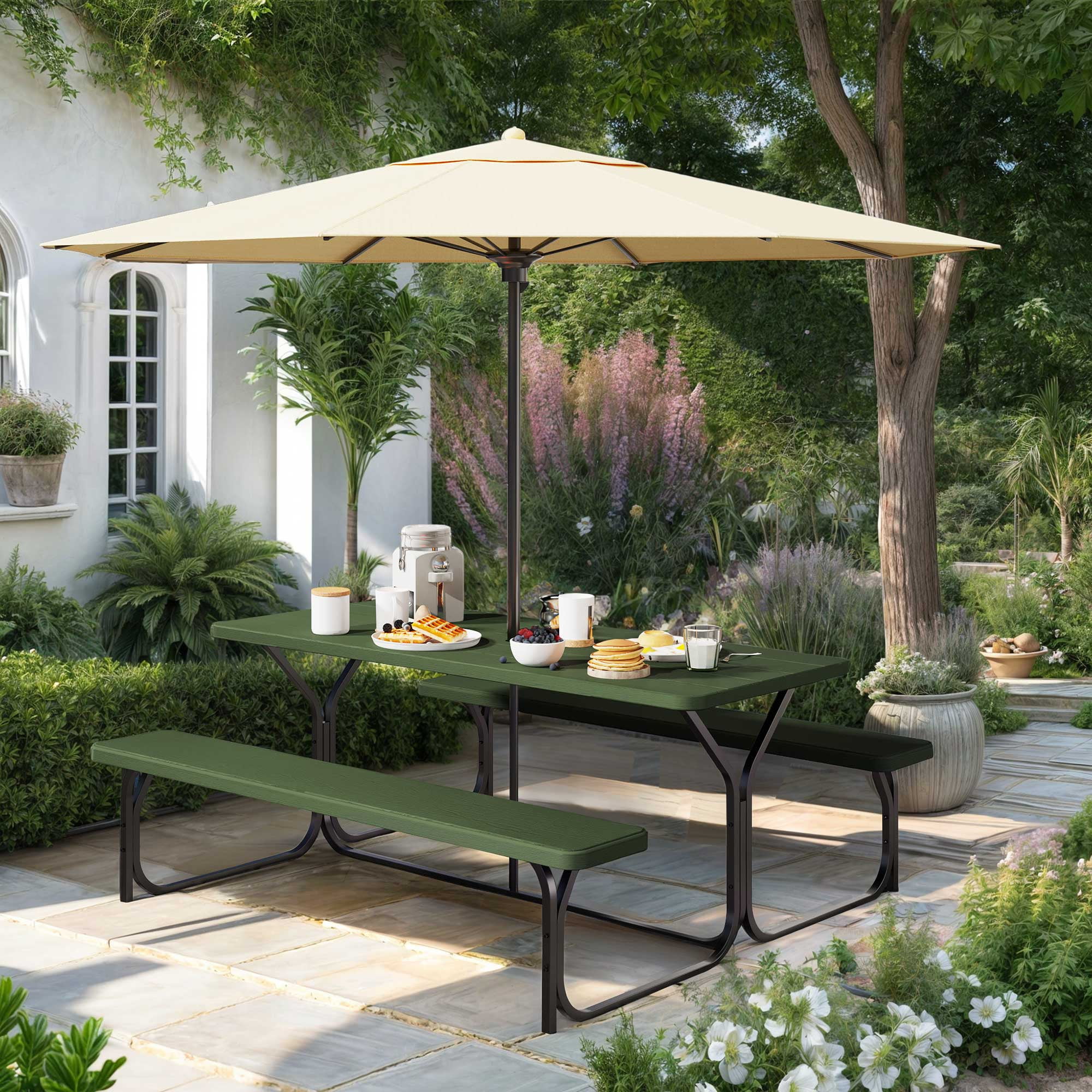 Uforic 6ft Outdoor Picnic Table Set with Benches, Sturdy Steel Frame & Wood-Grain Tabletop, Weather-Resistant w/Umbrella Hole, Green