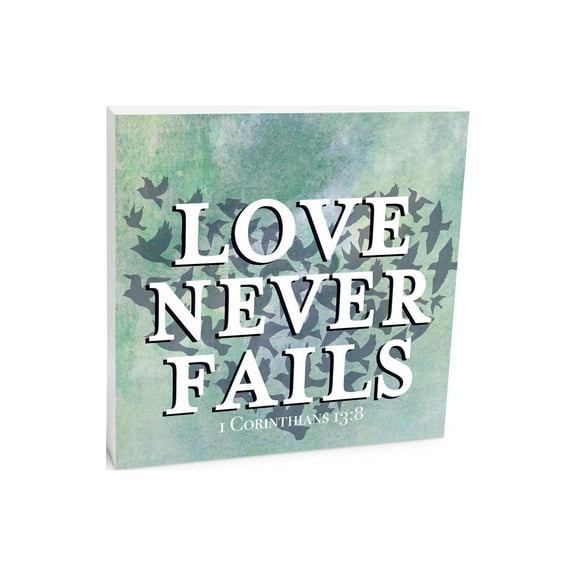 Love Never Fails Bluegreen Bird Heart 10 x 10 Wood Tabletop Sign Plaque