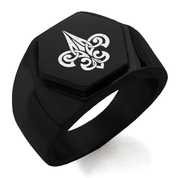 Stainless Steel Tribal Fleur De Lis Engraved Hexagon Crest Flat Top Biker Style Polished Ring