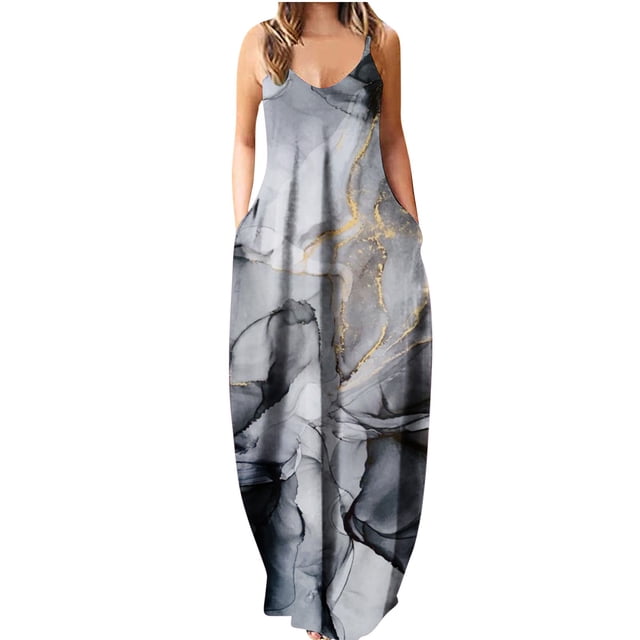 SMihono Robe Maxi Bohème d'Été pour Femmes Grande Taille Robe d'Été Imprimée Sans Manches Col Rond Aguichant Robe de Plage Décontractée Fluide Robe de Plage