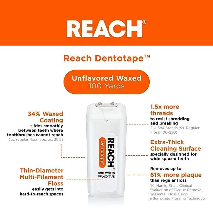 Dentotape Waxed Dental Floss with Extra Wide Cleaning Surface for Large Spaces between Teeth, Unflavored, 100 Yards (Pack of 3)