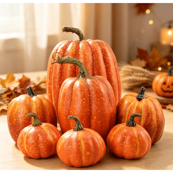 7 Large Orange Fake Pumpkin Fall Decorations, Artificial Pumpkins Harvest Faux Foam Pumpkins for Fall Autumn Halloween Thanksgiving Decorations Outdoor