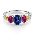 thumbnail image 2 of Gem Stone King 925 Sterling Silver and 10K Yellow Gold Oval Blue Created Sapphire Red Created Ruby and White Diamond 3 Stone Ring for Women (2.63 Cttw, Gemstone September Birthstone, Size 8), 2 of 3