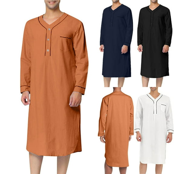 Drindf Mens Cotton Muslim Thobe Button Down Kaftan Robe Big and Tall Men's Long Sleeve Robes Casual Henley Shirts Muslim Gown Kurta Tops