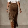 thumbnail image 3 of MORTTIC Women‘s Solid Color High Waist Irregular Suede Skirt with Fringe Tassel & Pleated Details – Western Style Dark Brown，S, 3 of 4
