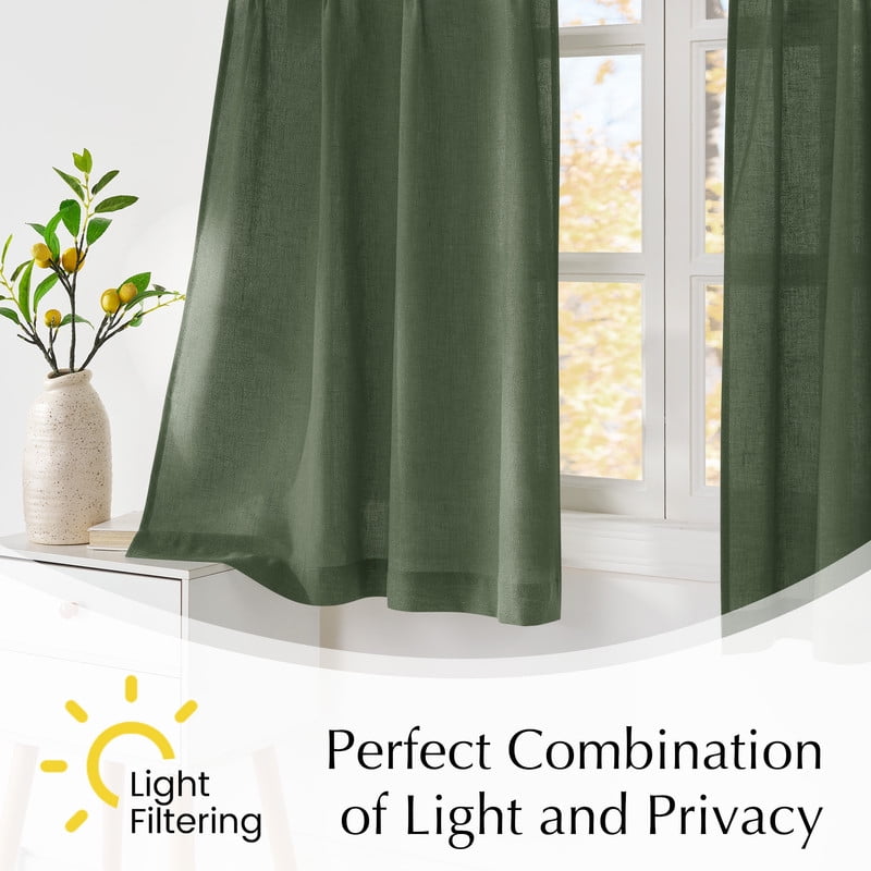 NICETOWN Olive Green Kitchen Curtains 24 Inches Long, Rustic Pinch Pleated Light Filtering Linen Cafe Curtains for Bedroom Farmhouse Decor, 26"x24", 2 Panels