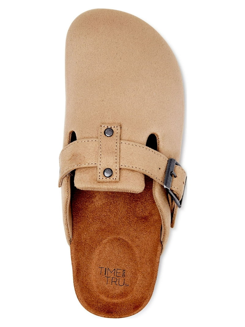 Time and Tru Women's Buckled Microfiber Clogs, Round Toe Taupe