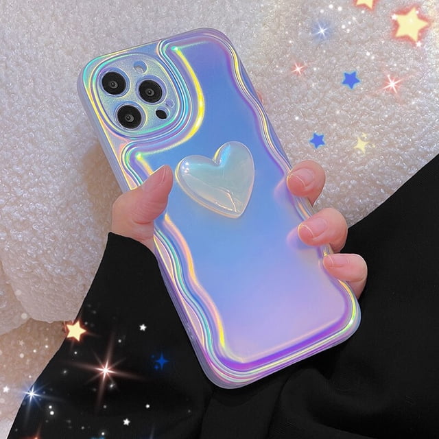 Funda de teléfono a prueba de golpes con purpurina láser y corazón de amor para iPhone 14 Pro Max 11 12 13 Pro Max XR XS Max X Fashion wave Edge Cover Fivean unisex